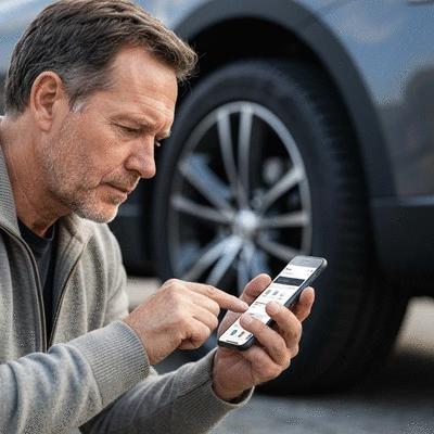 Gros plan sur une personne utilisant un smartphone pour comparer les prix des pneus en ligne, avec un pneu de voiture flou en arrière-plan