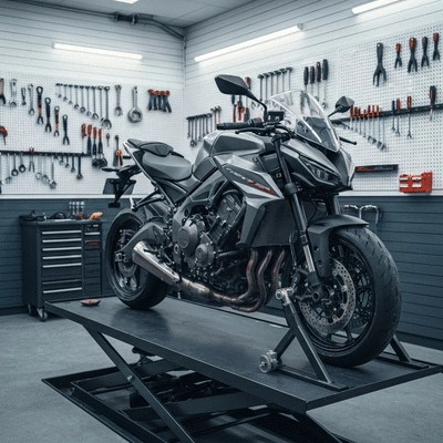 Motorcycle on a lift in a professional garage