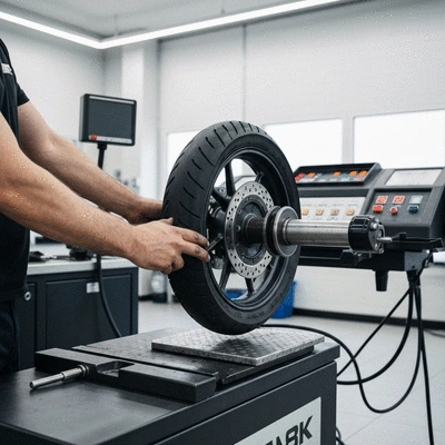 Motorcycle tire being balanced on a specialized machine in a clean, modern repair shop, no text, no words, no typography, 8K, natural lighting