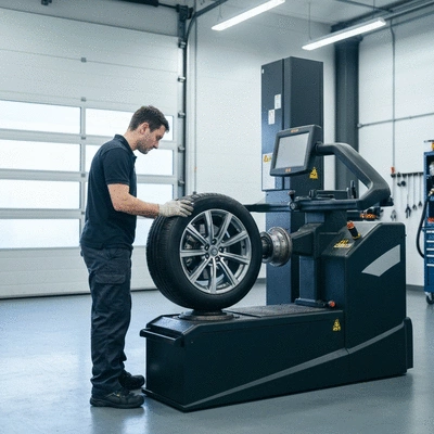 Mechanic using a tire balancing machine