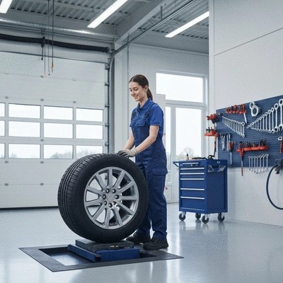 Mécanicien en train de monter un pneu de voiture dans un garage propre, outils en arrière-plan