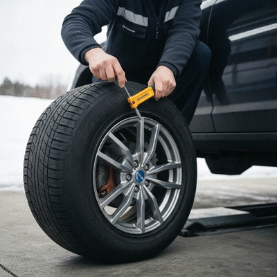 Mécanicien vérifiant la pression des pneus d'une voiture en hiver