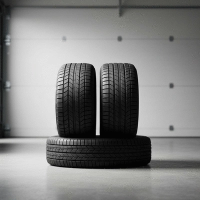 Four new all-season tires stacked neatly in a clean garage environment, showing sidewall details, no text, no words, no typography, clean image