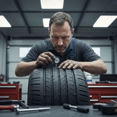 Mechanic inspecting a car tire with a depth gauge in a well-lit garage, no text, no words, no typography