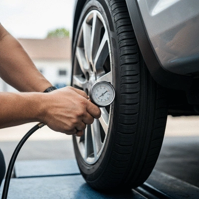 Close-up on a person's hand checking tire pressure with a gauge