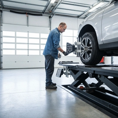 Technician performing wheel alignment on a car in a garage