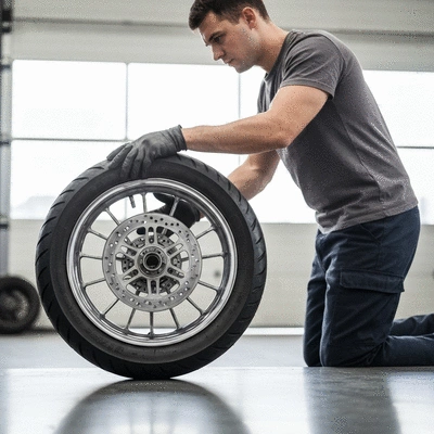 Mechanic working on motorcycle tire installation