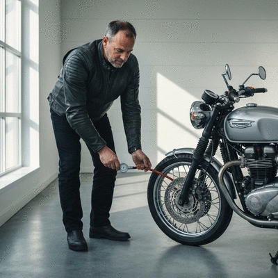 Motard vérifiant la pression des pneus de sa moto avec un manomètre dans un garage propre et bien éclairé.