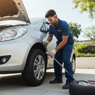 Technician mounting a tire on a car parked in a residential driveway, showcasing mobile service