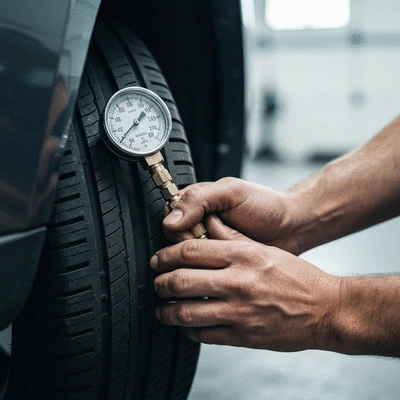 Gros plan sur un pneu de voiture avec une jauge de pression, illustrant l'importance de la maintenance des pneus