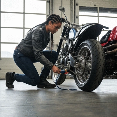 Motard vérifiant la pression des pneus de sa moto