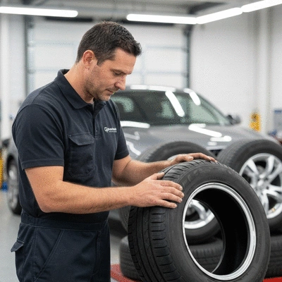 Mécanicien examinant un pneu d'occasion de près pour des signes d'usure et de dommages, avec d'autres pneus en arrière-plan, dans un garage automobile propre et bien éclairé.