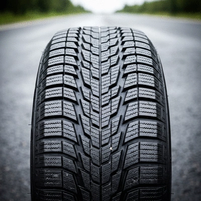Close-up of a tire's tread pattern, highlighting different textures for various weather conditions, clean background