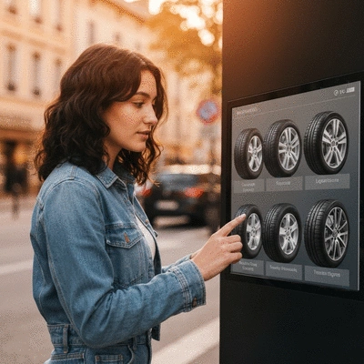 Person choosing between different tire types on a digital screen, with Montpellier city background elements, no text, no words, no typography