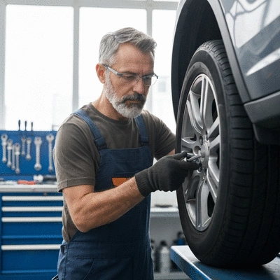 Mechanic repairing a tire directly on a car, without removing the wheel