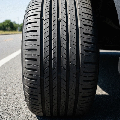 Close-up of a well-maintained car tire with good tread depth on a road, no text, no words, no typography