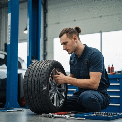 Mechanic inspecting a car tire for damage, deciding between repair and replacement