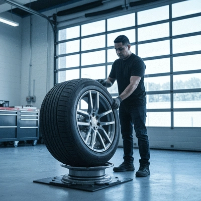 Mécanicien en train de monter un pneu sur une jante, dans un garage moderne et bien éclairé