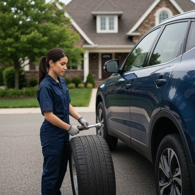 Un technicien de service mobile en train de changer un pneu sur une voiture garée devant une maison