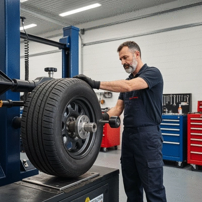 Mechanic balancing a car tire with a modern machine, showing precision weights being added, clean garage environment, no text, no words, no typography, no labels, clean image