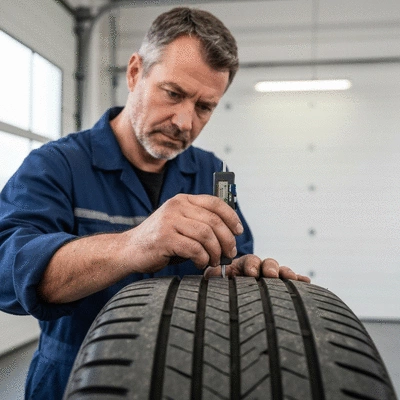 Professional mechanic inspecting a used tire in a clean garage setting