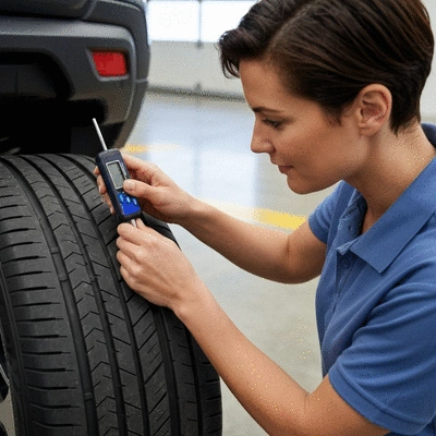 Technician measuring tire tread depth with a gauge on a car tire