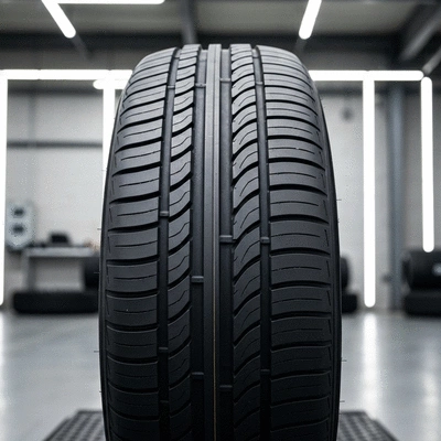 Modern new car tire with advanced tread pattern, clean workshop background