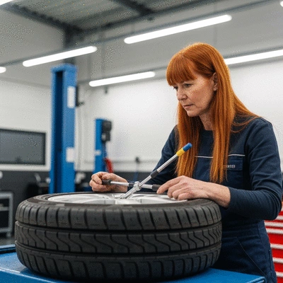 Mechanic inspecting a car tire in a garage in Montpellier