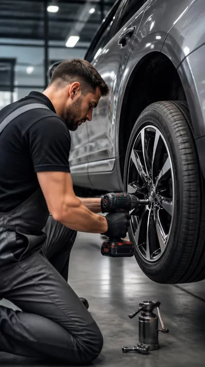 Professional mechanic changing a car tire in a modern garage