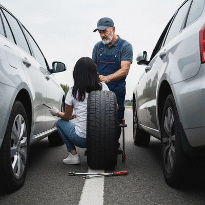 Tire repair professional assisting a driver with a flat tire on the road