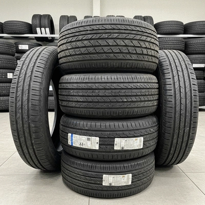 Car tires displayed in a tire shop, clean and well-maintained