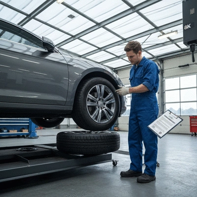 Mechanic inspecting a repaired tire with a warranty document nearby