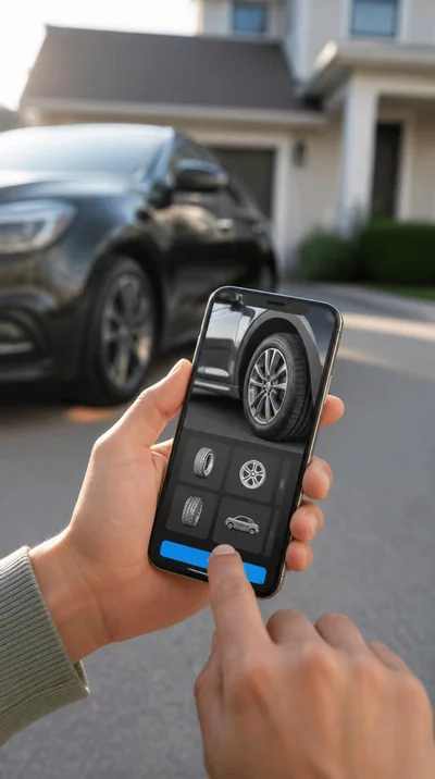 Person using a smartphone to book a mobile tire repair service