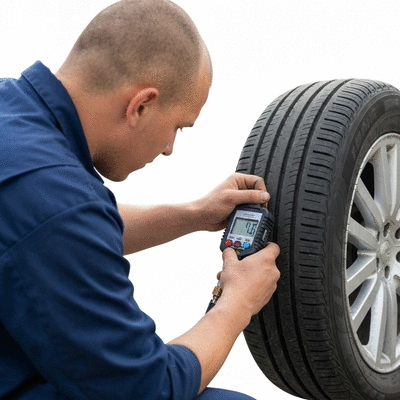 Person checking tire pressure with a gauge