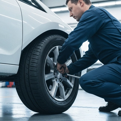 Car tires being changed by a mechanic in a professional garage setting, focus on the tire and hands, no text, no words, no typography, no labels, clean image