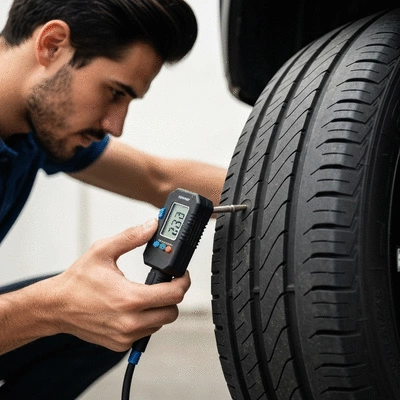 Person checking tire pressure with a gauge