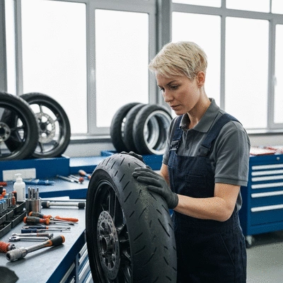 Mechanic inspecting a motorcycle tire in a professional workshop, with tools and other tires in the background, clean image