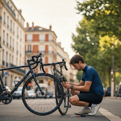 Un cycliste inspectant un pneu de vélo à Montpellier