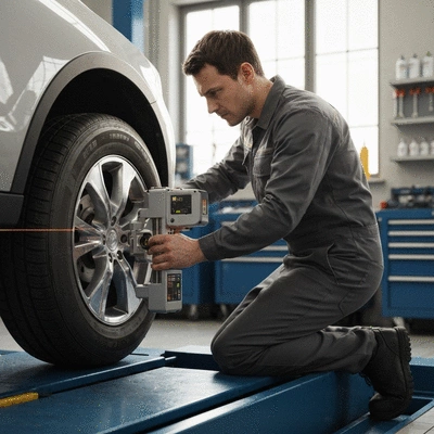 Mechanic adjusting car wheel alignment with specialized equipment