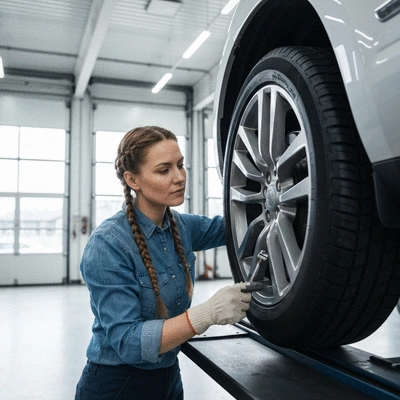 Professional mechanic inspecting a run-flat tire in a clean, modern auto repair shop, focused on safety and detailed work, no text, no words, no typography, 8K