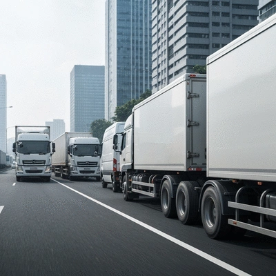 Flotte de véhicules de transport avec des pneus bien entretenus, symbolisant l'efficacité et les économies