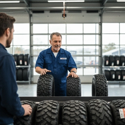 Un technicien expert en pneus montrant différents types de pneus utilitaires à un client dans un garage moderne et propre, avec des rangées de pneus en arrière-plan