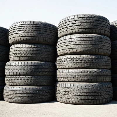 Pneus d'occasion empilés, symbolisant l'économie et la durabilité