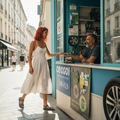 People discussing eco-friendly tire repair services at a local shop in Montpellier