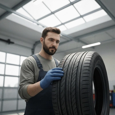 Person inspecting a used tire for quality and safety