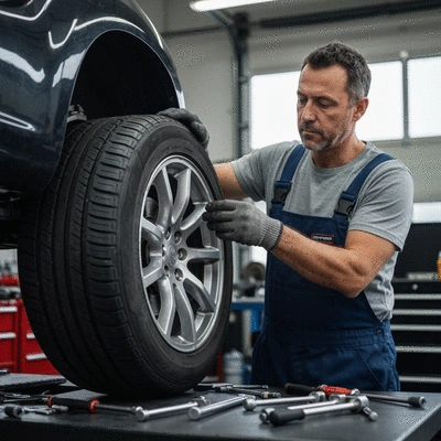 Mechanic repairing a car tire on a lift, close-up on the tire with tools, professional garage setting