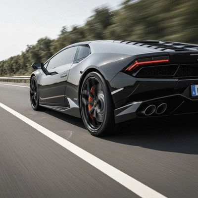Car speeding safely on a road with new tires, showing performance