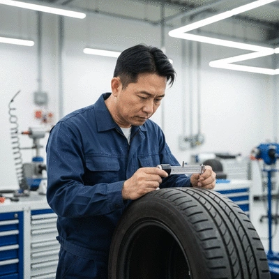 Professional mechanic inspecting a tire for repair