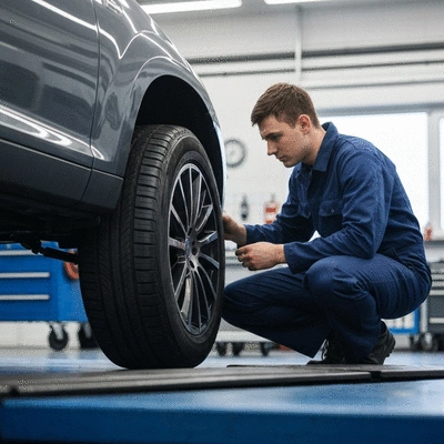 Mechanic inspecting a tire for damage