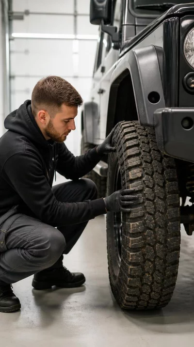 Person inspecting a 4x4 tire in a garage setting